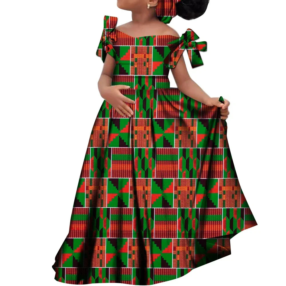 African dashiki cotton dress with matching headscarf for girls, featuring vibrant traditional patterns from SHOWLU FASHION STORE