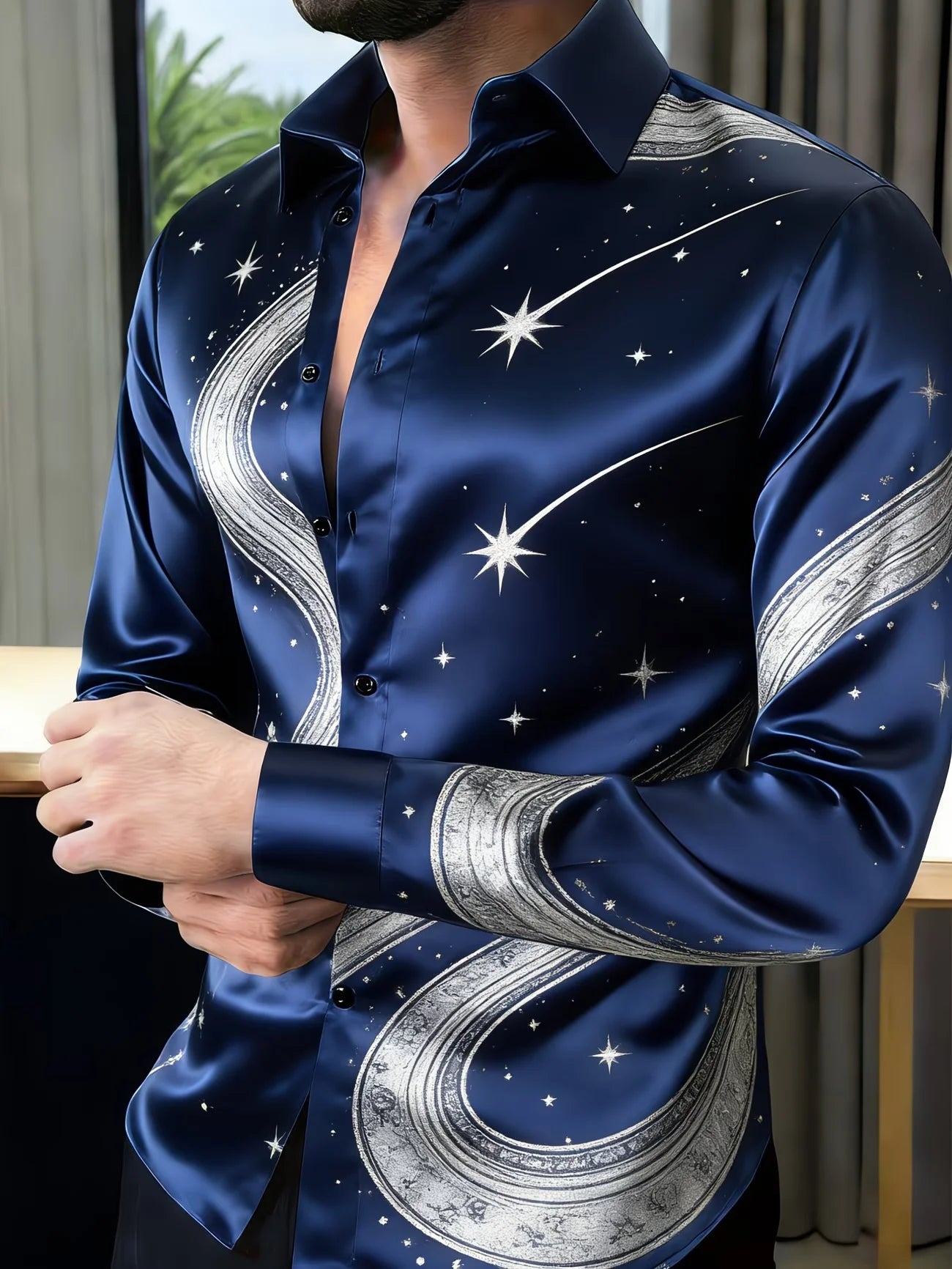 Men's slim fit silk shirt with iris flower 3D print from Showlu Fashion, long sleeve design, elegant and stylish for formal or casual wear.
