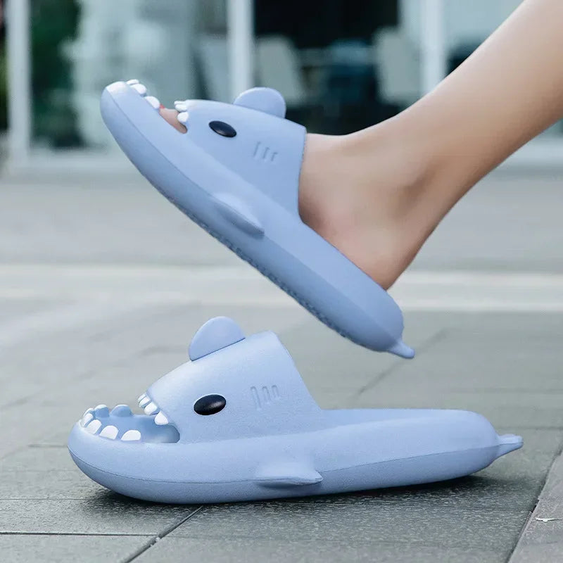 SHOWLU Shark slippers, anti-skid summer slides for kids and adults, featuring shark design and comfortable slip-on style.