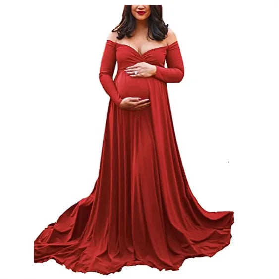 Elegant European and American women's maternity maxi dress with V-neck, silk-cotton blend, train, and flared design for photoshoots.