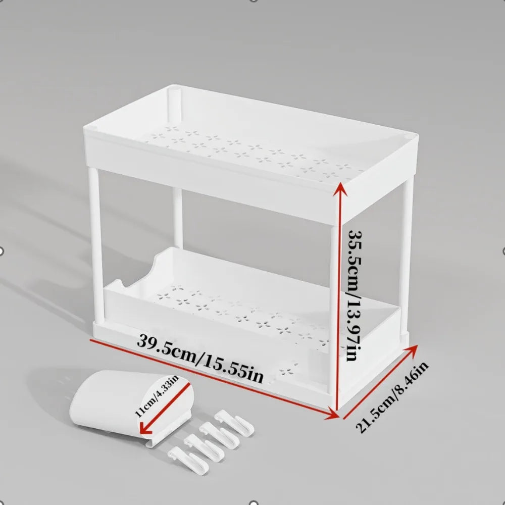 Showlu Smart General under sink organizer rack with multiple compartments for efficient kitchen or bathroom storage.
