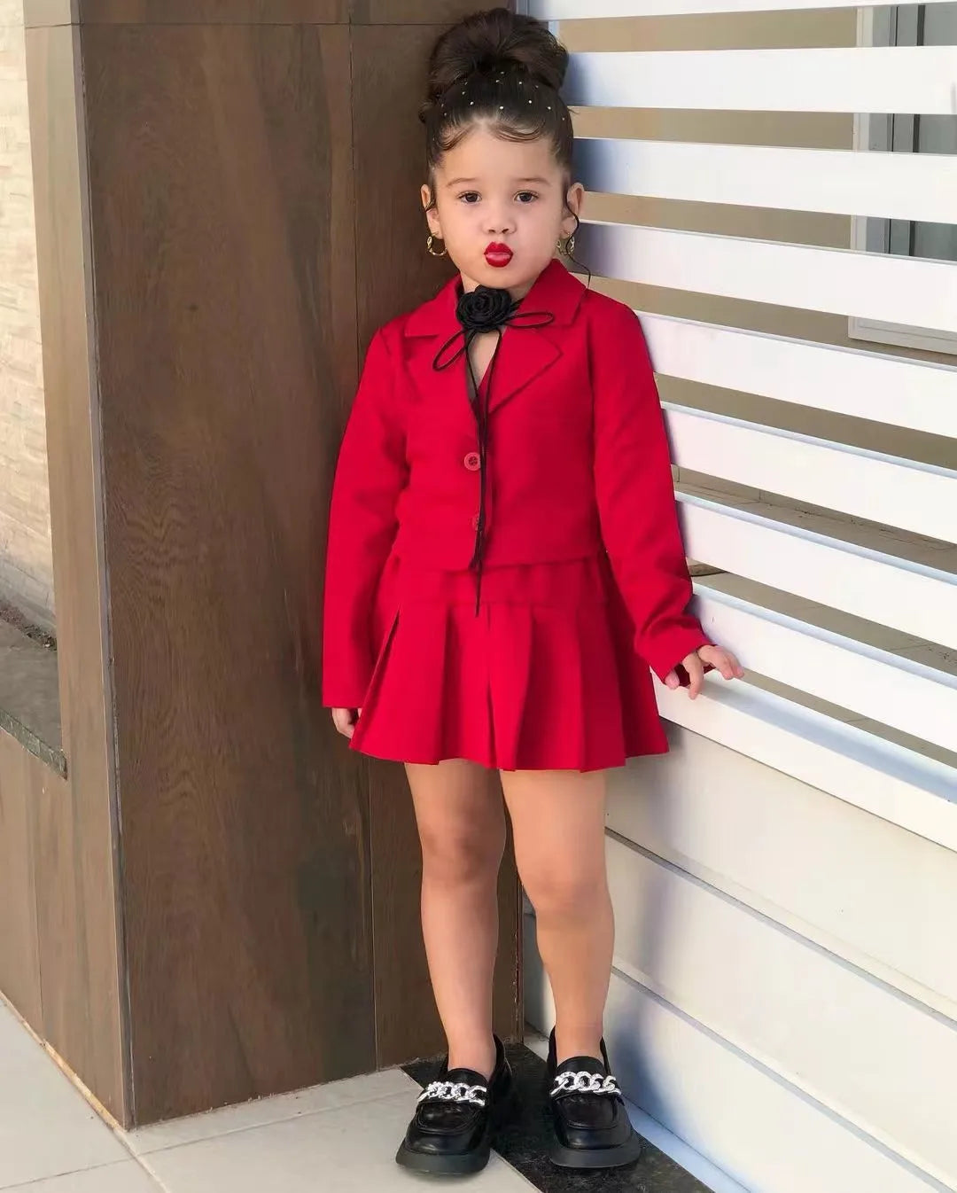 Girls' winter 2-piece set by Showlu Fashion Store with a long sleeve jacket and matching skirt, perfect for cold weather.