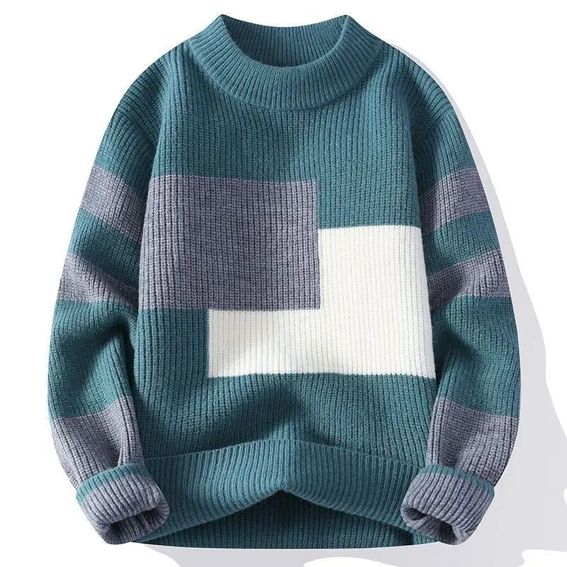 Men's autumn winter sweater by Showlu Fashion with mock neck, patchwork design, contrast colors, long sleeves, and thick knit.