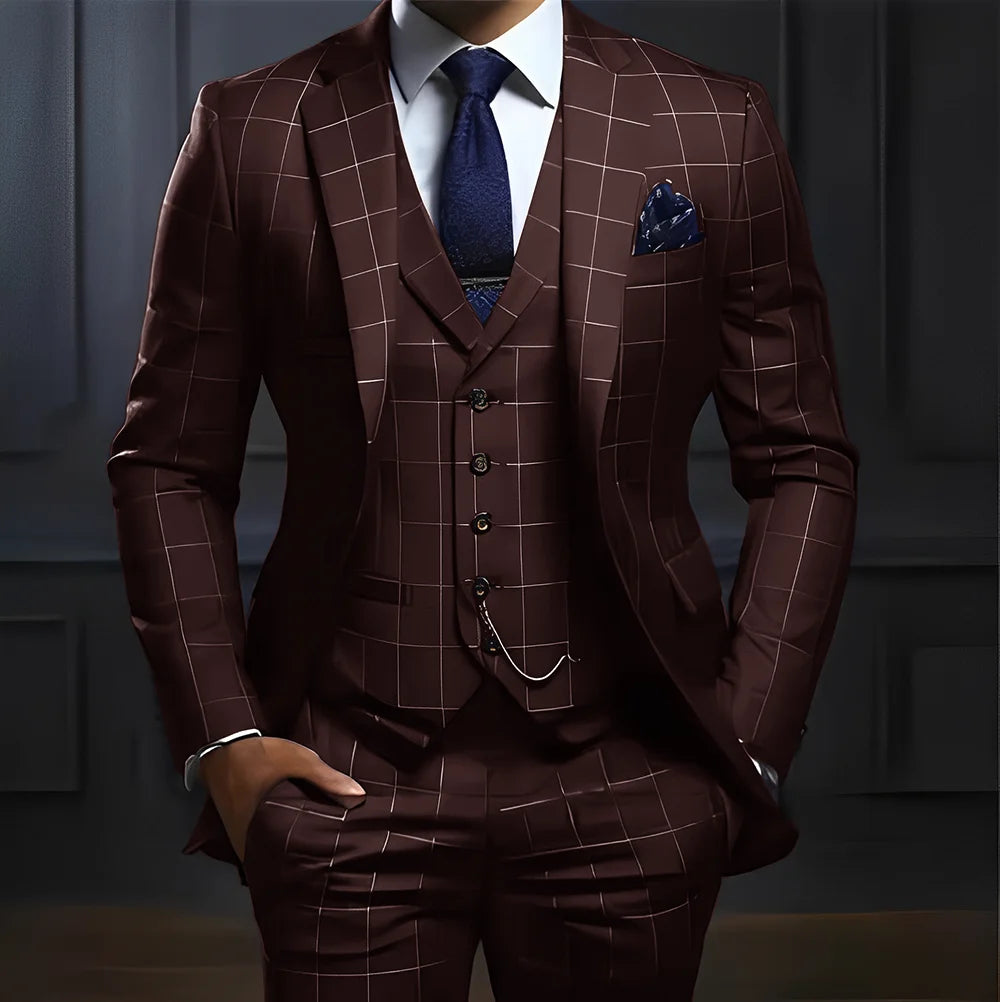 Men's Showlu plaid suit with slim fit tuxedo style, perfect for formal weddings, featuring a three-piece design and classic plaid pattern.
