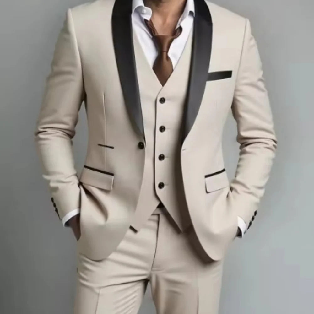 Men's Black White Slim Fit Three Piece Suit Set Large Size Autumn Wedding Party Blazer Coat Pants Vest Fashion Male Outfit