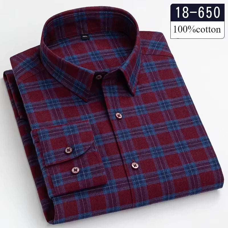 Showlu Fashion men's slim fit long-sleeve cotton brushed plaid shirt with casual striped design, soft and comfortable for everyday wear.