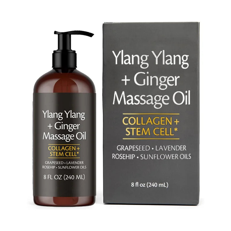 Showlu Collagen Skin Firming Body Massage Oil bottle with 240ml label, natural soothing formula for skin firmness and hydration.