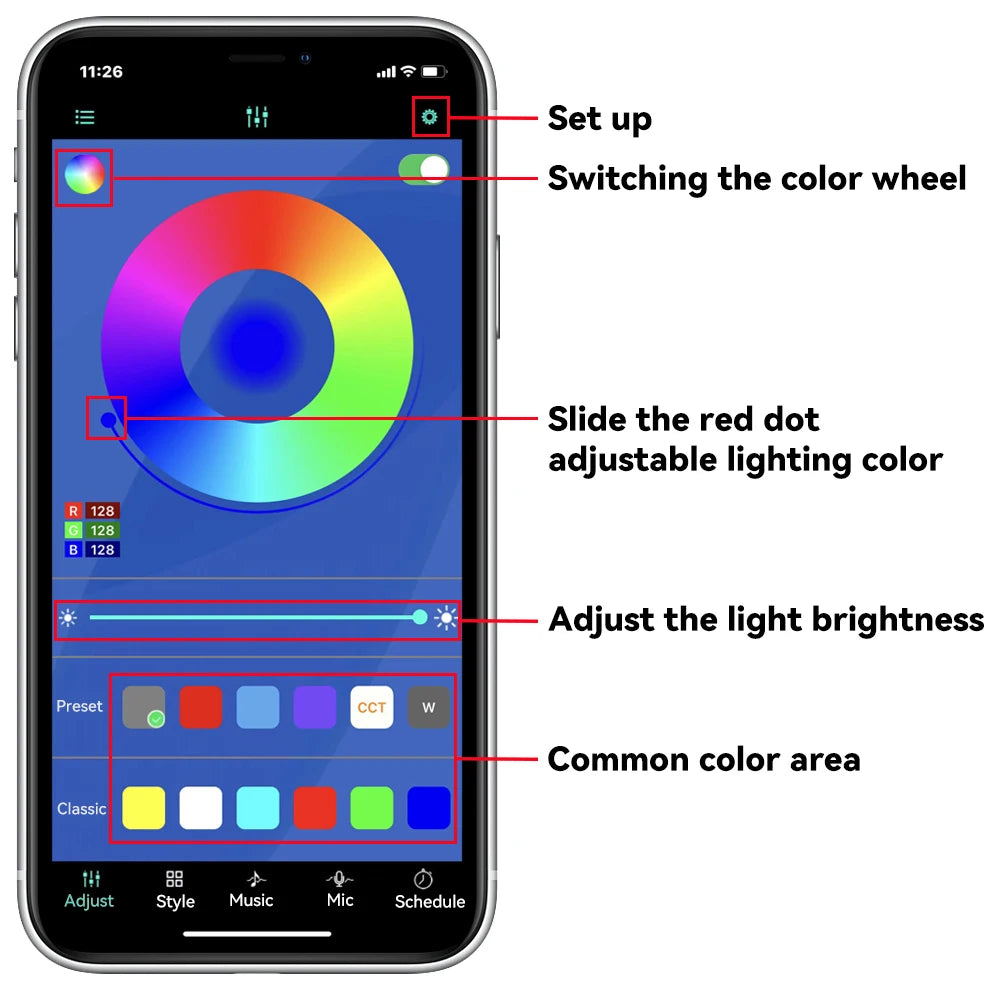 Showlu Smart General WUMFIRE RGB car underbody LED lights installed under a vehicle, showcasing colorful illumination at night.