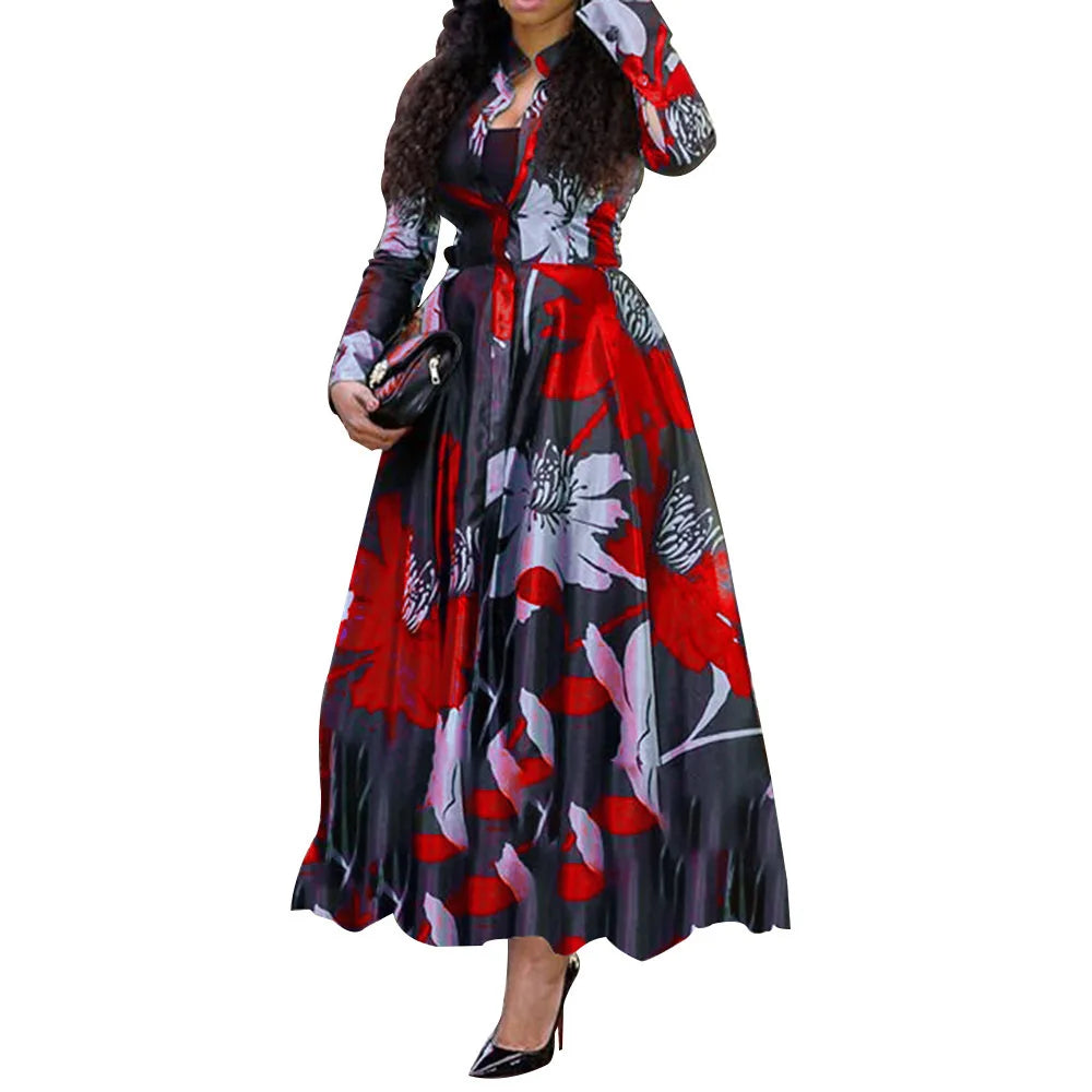 SHOWLU FASHION retro print maxi dress with slim V-neck, long sleeves, and A-line silhouette, perfect for casual or elegant occasions.