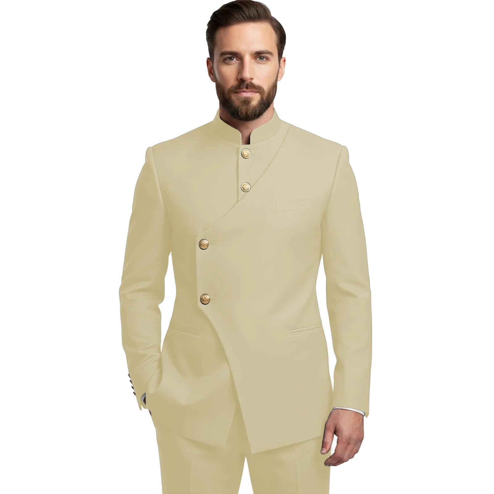 Chinese Suit Men 2 Piece Tunic Suits Slim Fit Safari Suits for Men Mandarin Collar Suit Blazer Pants Set