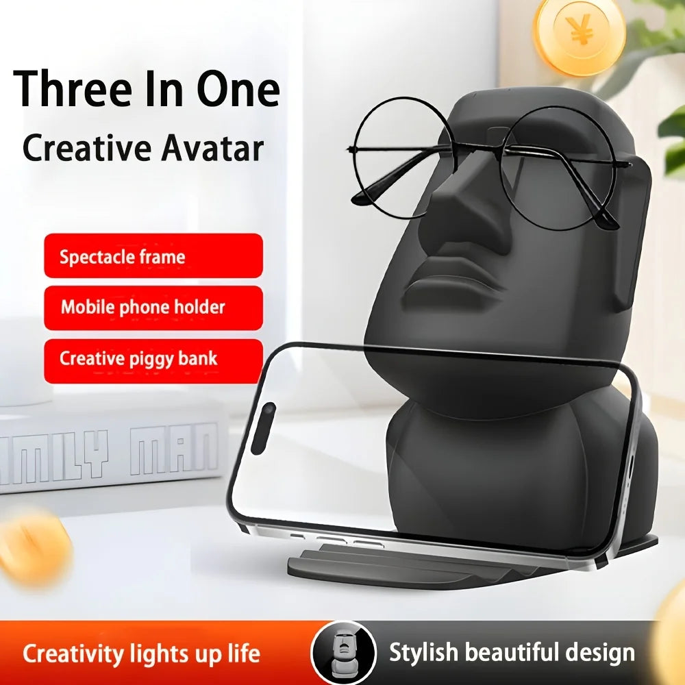 Showlu Creative Glasses Holder and Plastic Phone Stand on a desk, decorative desktop ornament for organizing glasses and smartphones.