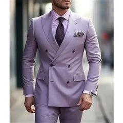 Lilac Men's Suits Solid 2 Pcs Wedding Daily Business Formal Men Suits Tailored Silm Fit Double Breasted 6 Buttons (Blazer+Pants)