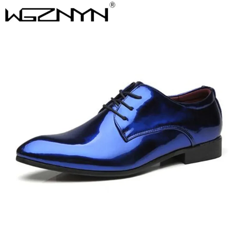 Men's black patent leather Oxford shoes with pointed toes, ideal for wedding or formal occasions, by Showlu Fashion Store.