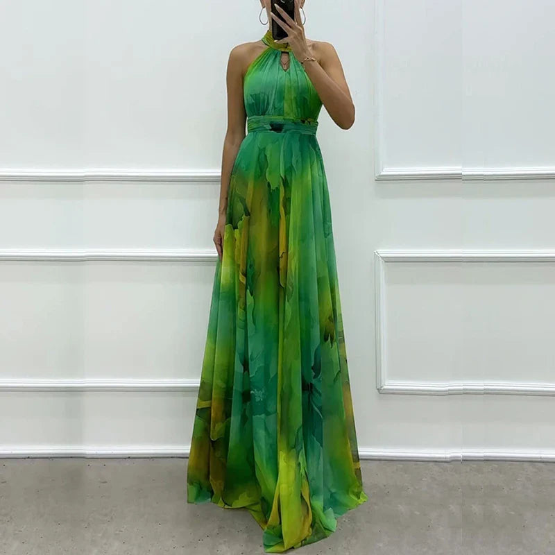 Vintage print halter maxi dress for women by Fanbety, bohemian style, perfect for parties and summer outings.