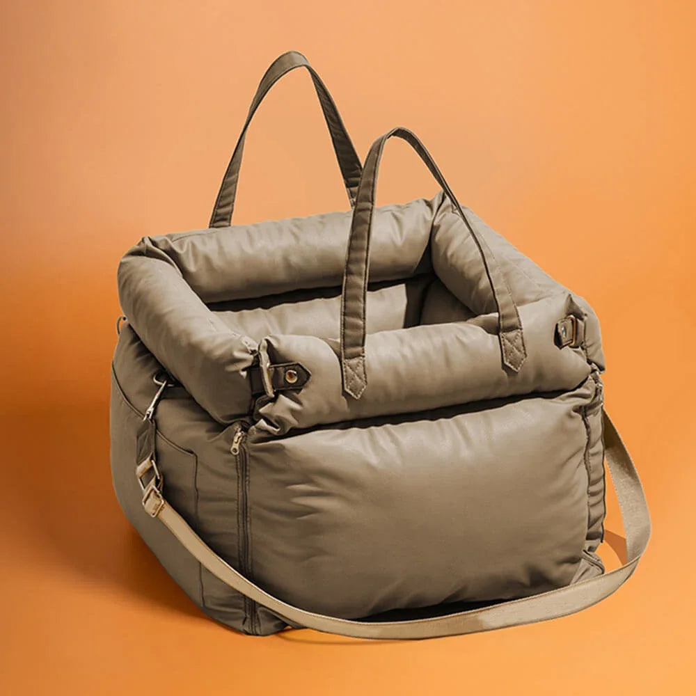 Luxury faux leather dog car seat by Showlu Fashion Store, comfortable booster bed for pets in a sleek design.
