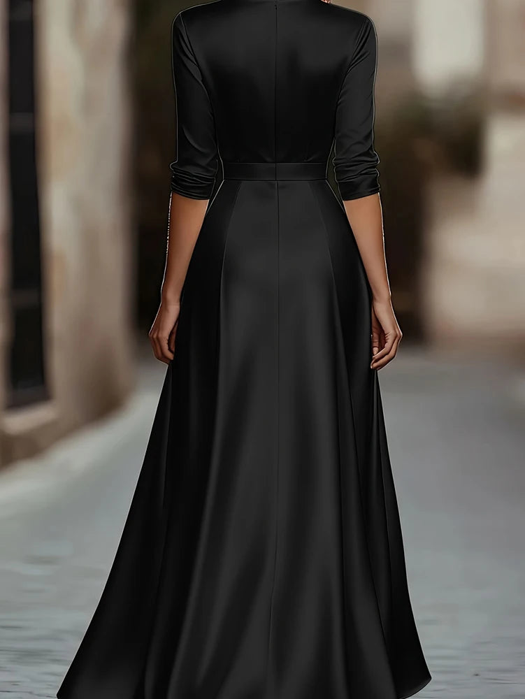 Elegant Showlu V-neck long-sleeved evening gown with French A-line floor-length silhouette, featuring smooth fabric and sophisticated style.