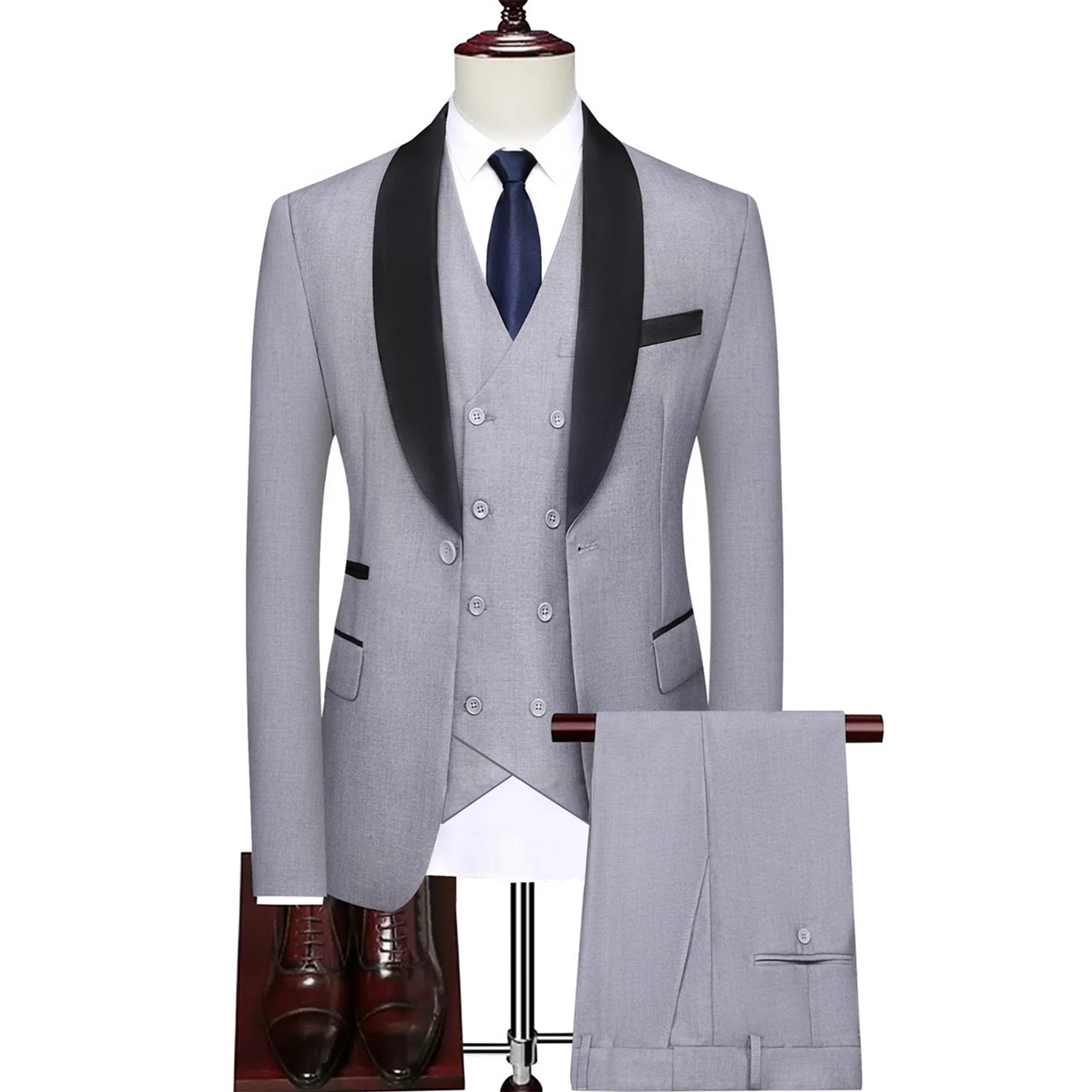 SHOWLU Men's 3-piece slim fit suit featuring a wool blend wedding tuxedo and business set, styled on a mannequin.
