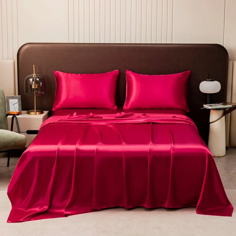 SHOWLU Satin Silk Flat Bed Sheet in smooth polyester with 500TC, showcasing its soft, shiny surface and flat design for comfortable bedding.