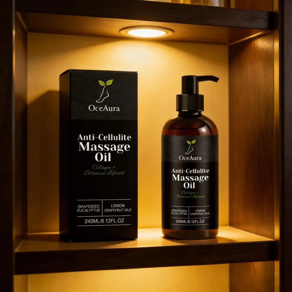 OceAura Anti-Cellulite Oil by Showlu Fashion Store with lemon and grapefruit for firming and massage purposes.