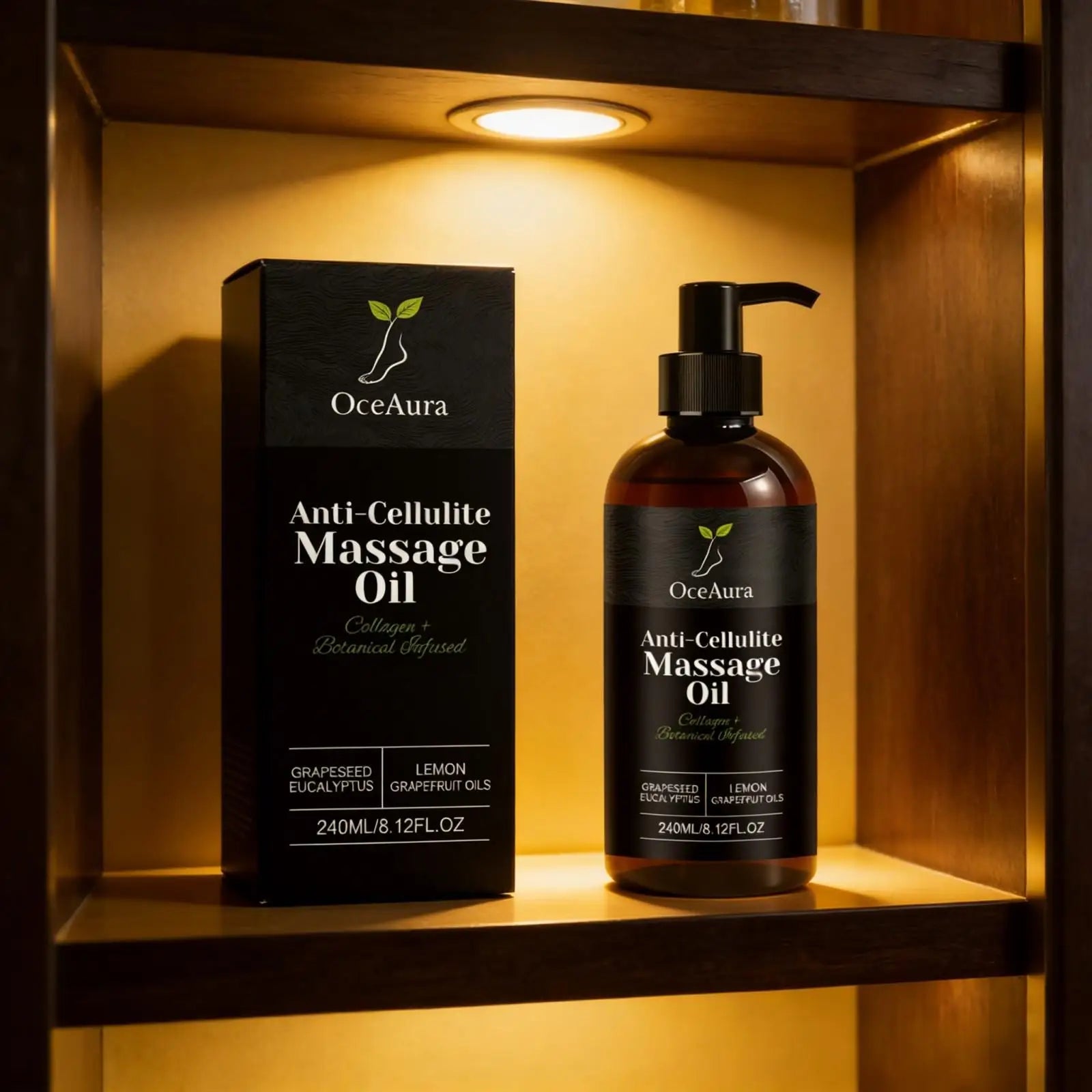 OceAura Anti-Cellulite Oil by Showlu Fashion Store with lemon and grapefruit for firming and massage purposes.