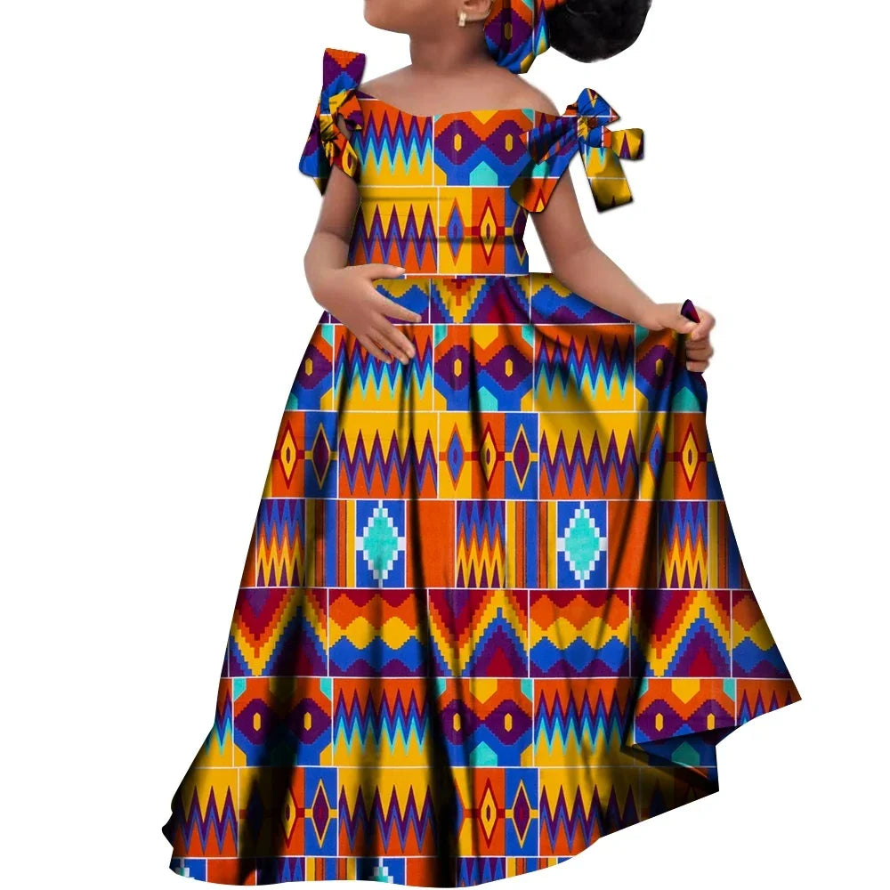 African dashiki cotton dress with matching headscarf for girls, vibrant print, by SHOWLU FASHION STORE.