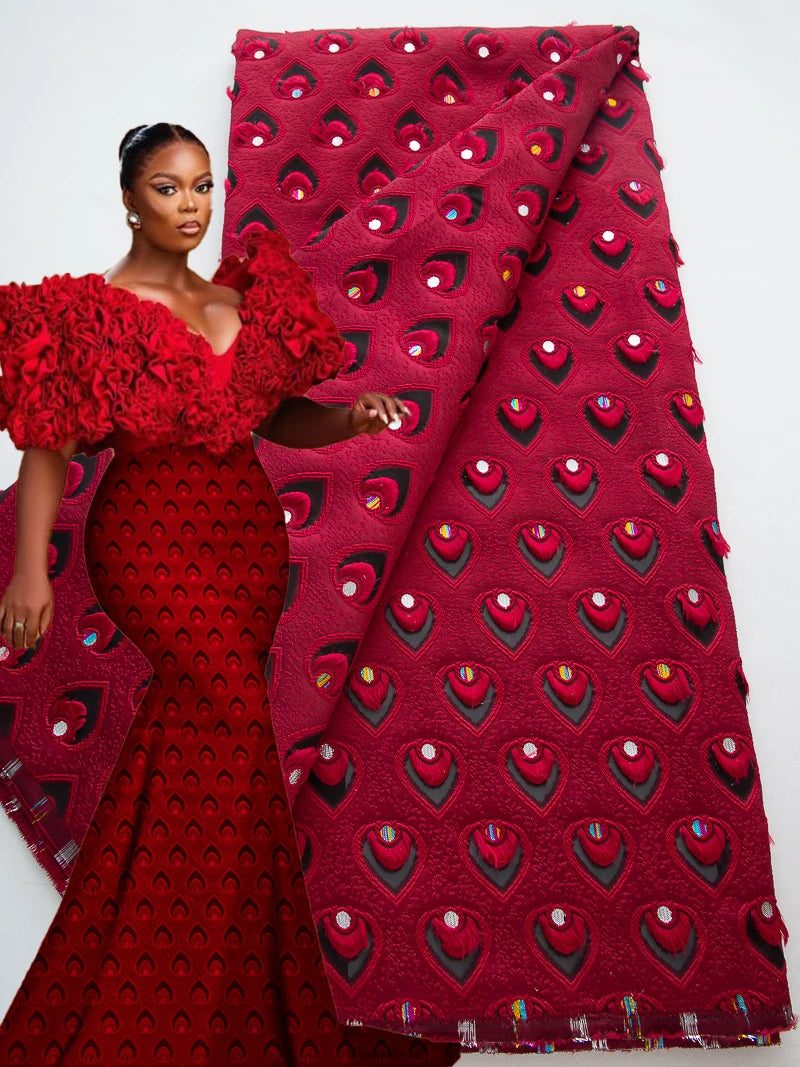 Red African Damask lace fabric by Zhenguiru, 5 yards of intricate jacquard damask brocade with elegant floral patterns.
