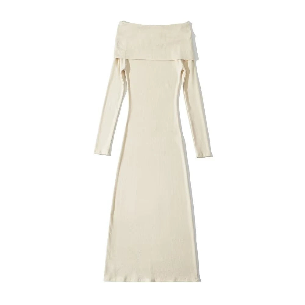 White off-shoulder knit maternity dress by Showlu Fashion Store, perfect for pregnancy photoshoots, featuring a cozy, stylish design.