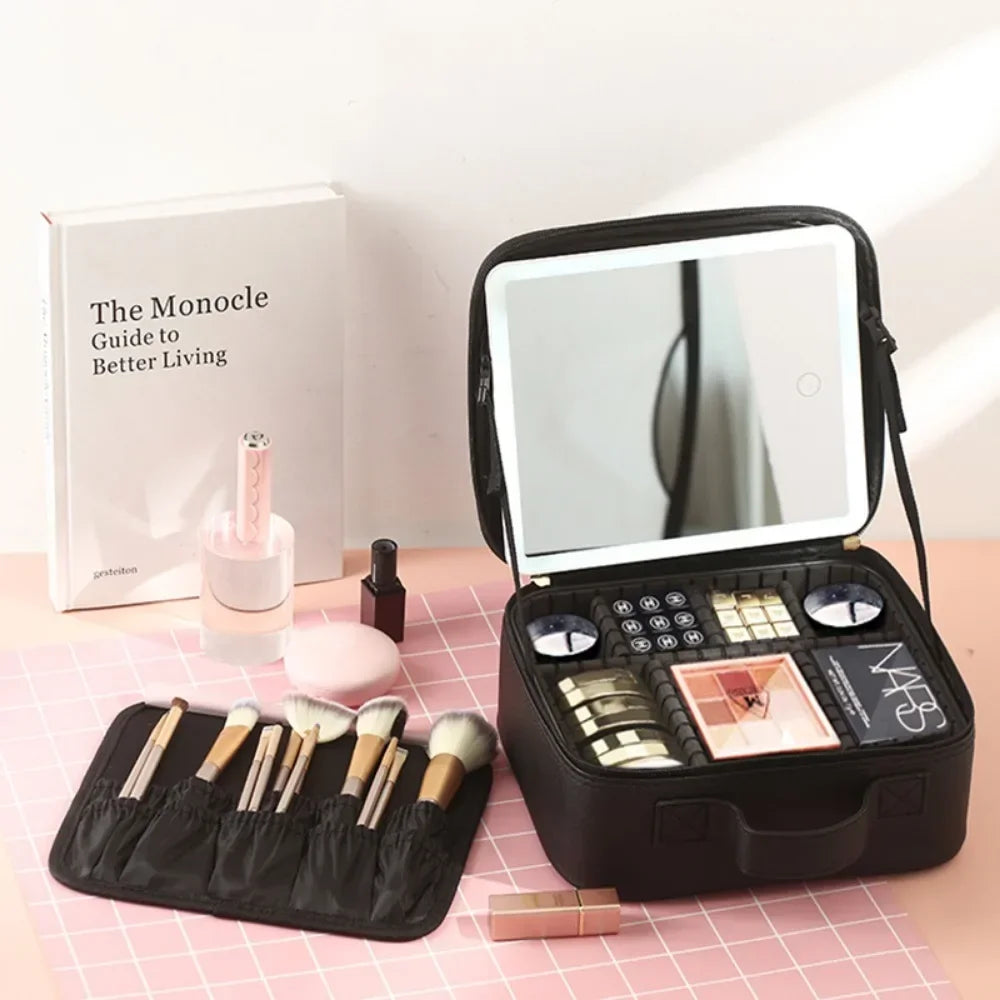 Showlu Fashion makeup organizer with mirror light, travel cosmetic case, compact storage for beauty essentials, shown in a sleek design.