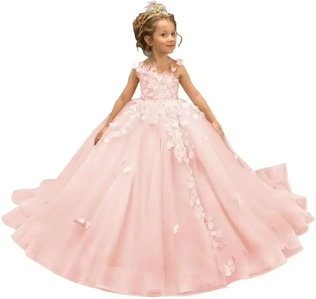 Showlu Fashion Kingbridal 3D Butterfly Flower Girl Dress with tulle and lace, ball gown style for pageants and special occasions.