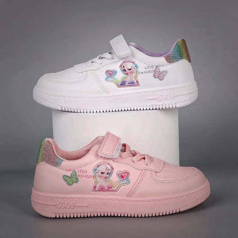 Disney Princess Elsa girls' fashion sneakers with breathable PU leather, featuring Elsa-themed design and comfortable fit.