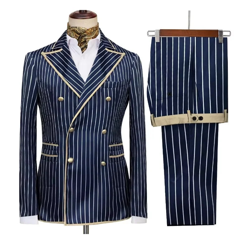 High-end striped men's suit with peak lapel, double-breasted blazer and matching pants, slim fit formal and casual tuxedo style