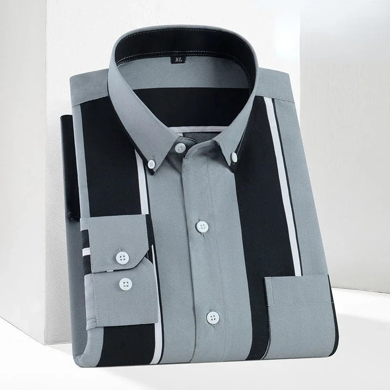 Men's printed long-sleeved striped shirt with chest pocket, slim fit, casual Korean fashion for spring and autumn seasons.
