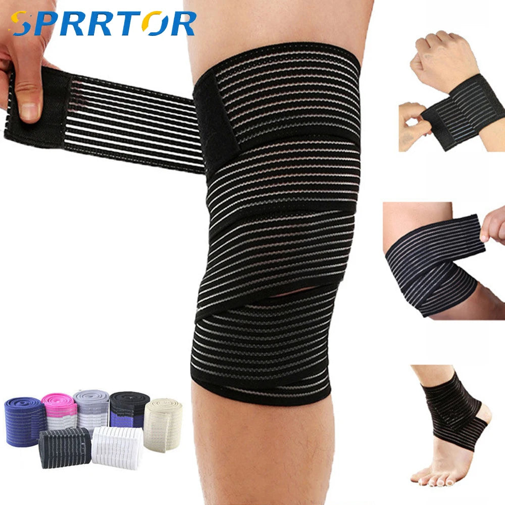 An elastic compression bandage shown wrapped around a knee, wrist, elbow, and ankle.
