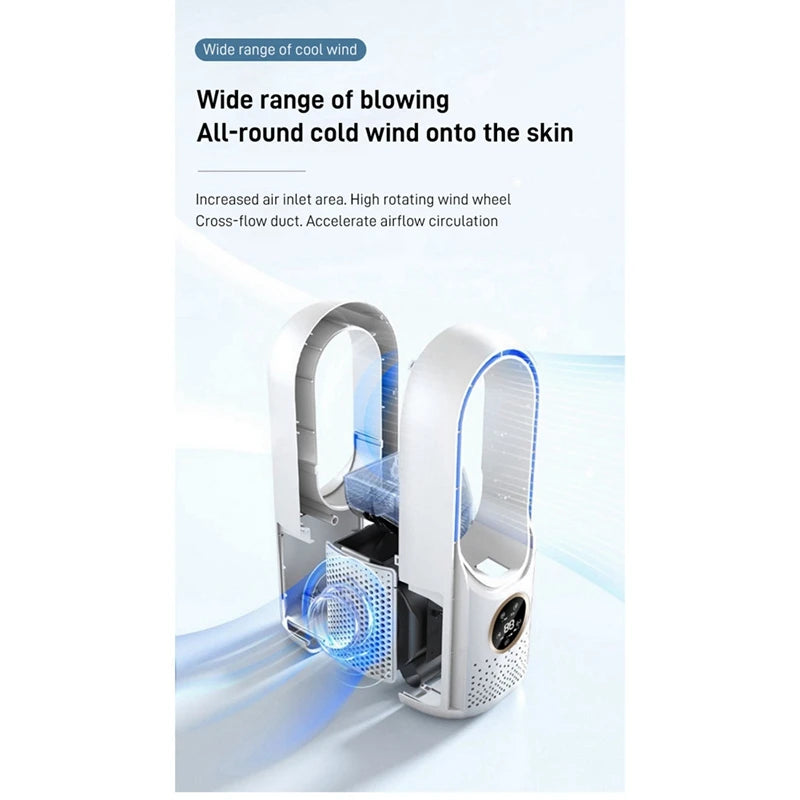 Showlu Smart General Donirt USB bladeless air cooler fan on a desk, compact and modern design with adjustable settings.