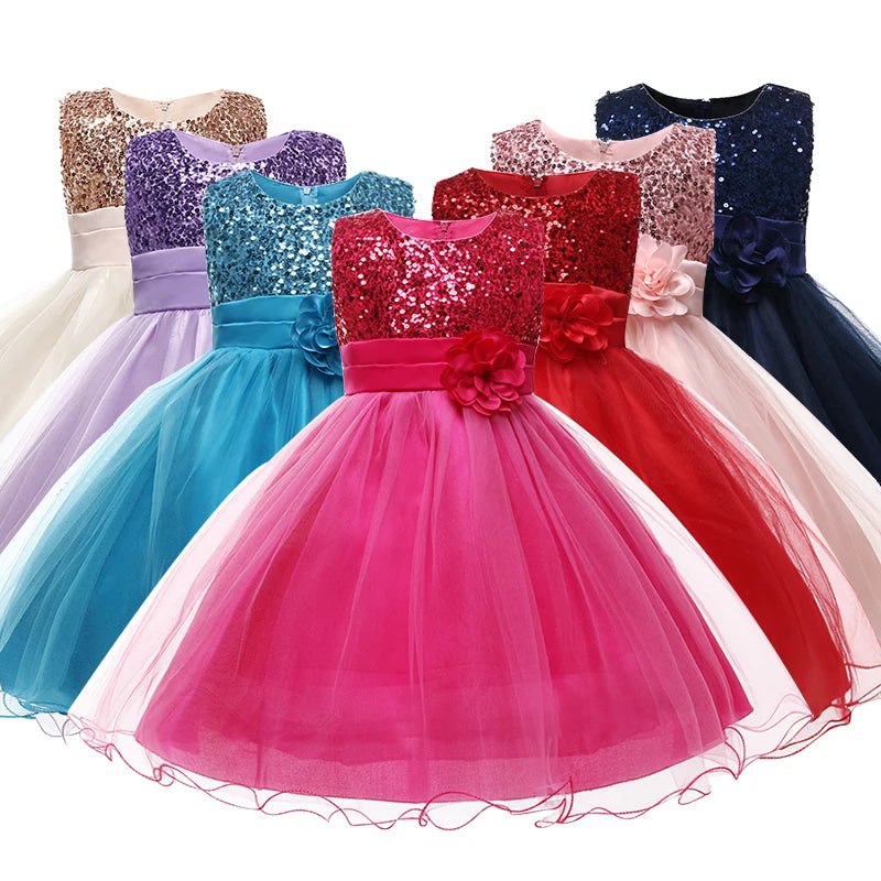 Girl's flower sequins dress for Christmas, Halloween, and birthday parties, featuring a princess tutu design for children aged 3-10 years.