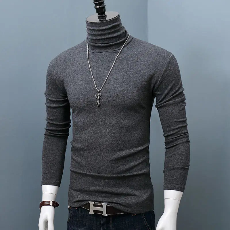 Dark red men's classic autumn winter turtleneck t-shirt with long sleeves, casual stretch top, plus size, shown in a fashion image