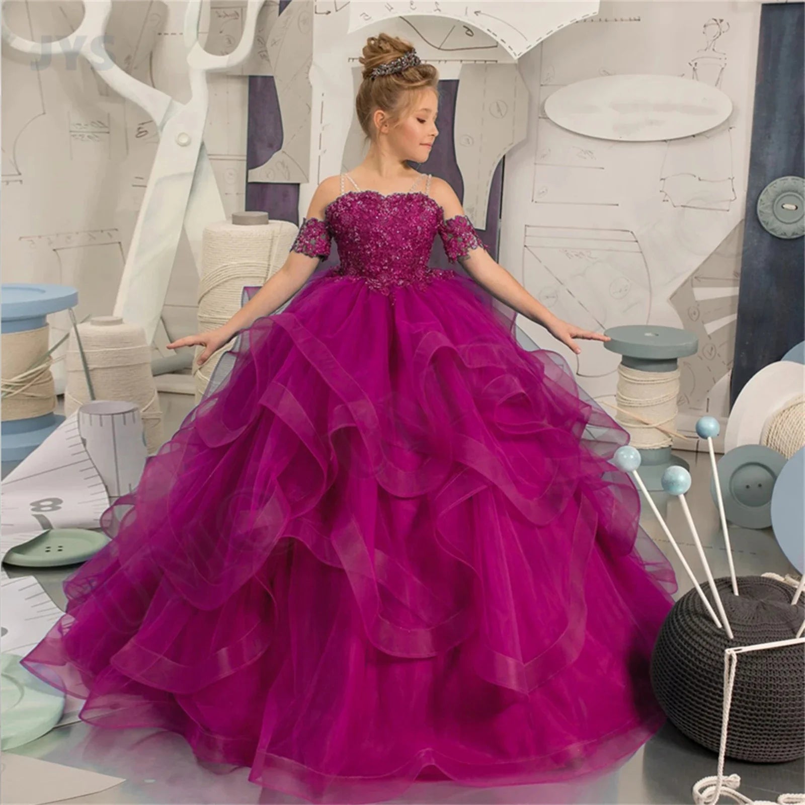 Showlu Fashion Gdybao flower girl dress with off-shoulder tulle ball gown design for kids, featuring floral appliques and elegant style.