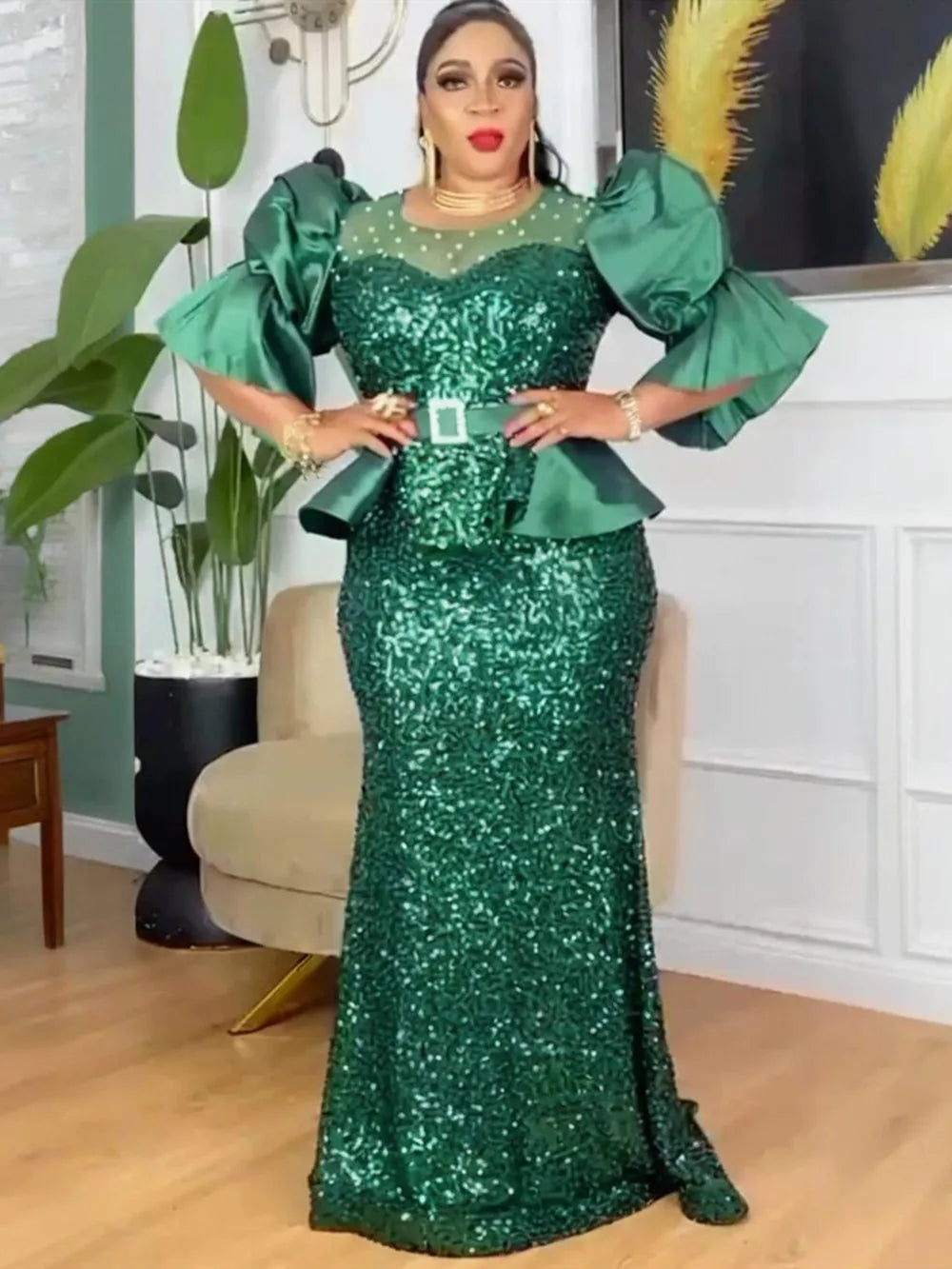 Sequin African evening gown by ARTTY·FASHION in plus size, featuring luxurious design and elegant style for formal events.