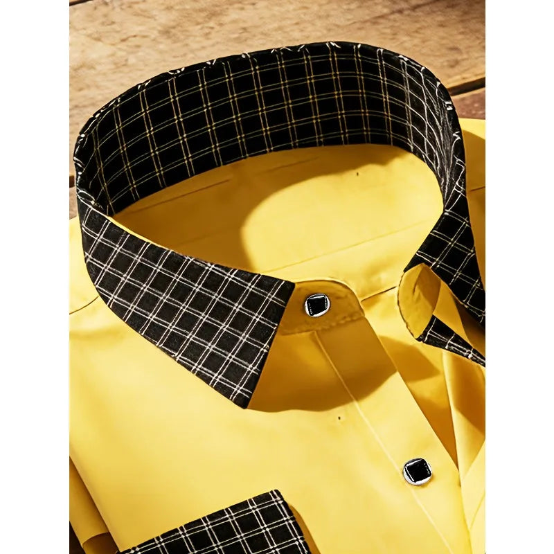 Showlu Smart General men's patchwork tuxedo shirt with long sleeves, high street fashion, casual and business style, elastic fit