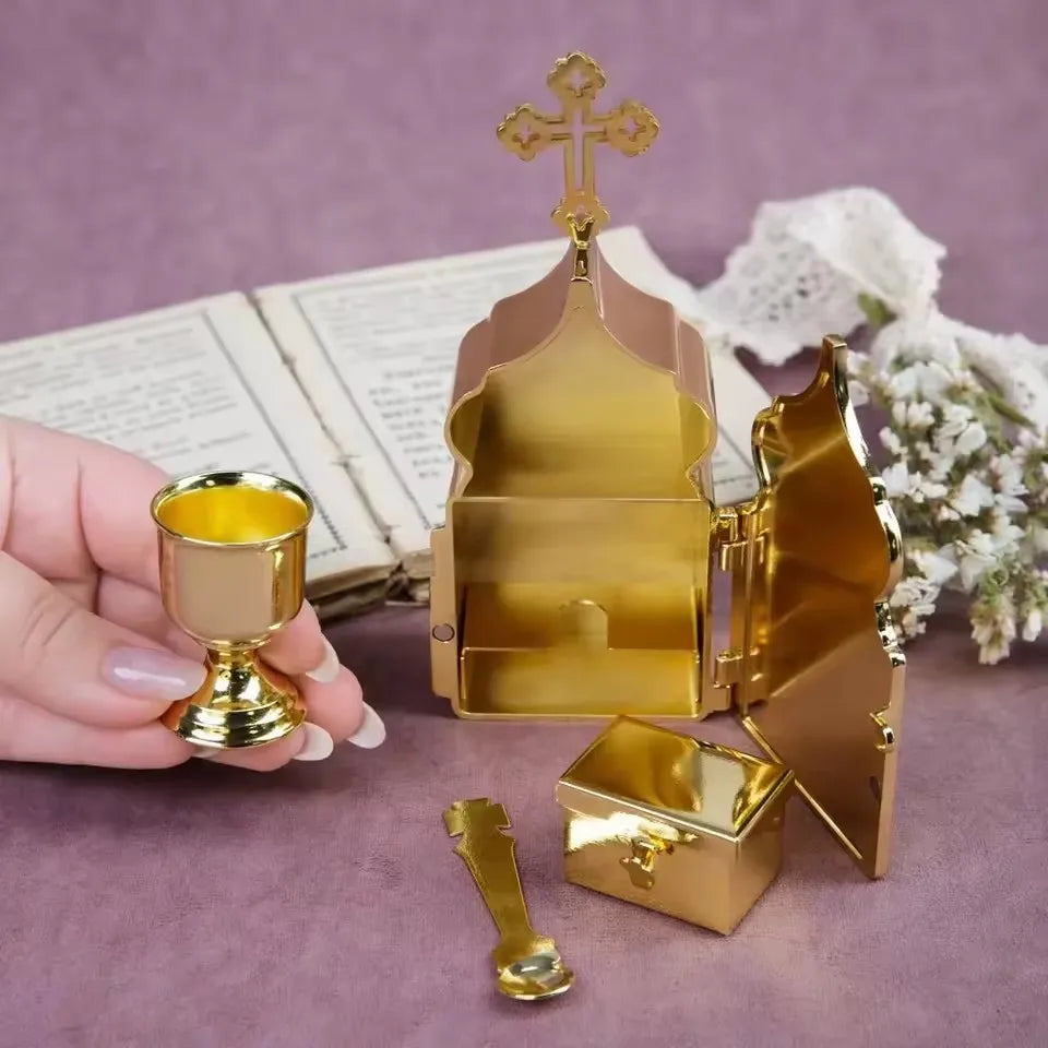 Showlu Metal Jesus Crucifix set featuring a Bible box, rosary, and candle decor with intricate religious metalwork details.