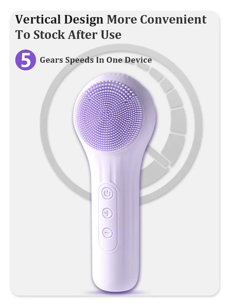 Rechargeable silicone facial cleansing brush by Showlu Smart General with soft bristles and ergonomic handle for gentle skin cleansing.