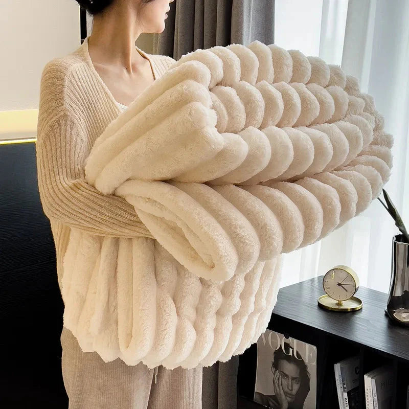 Soft, solid color MINISO thickened flannel rabbit plush blanket with warm, cozy texture for bed or lounge use.