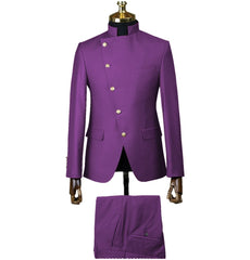 Fashion Stand Collar Men Suits 2 Piece Formal Single Breasted Smart Casual Outfits Solid Color Chic Wedding Party Slim Male Suit