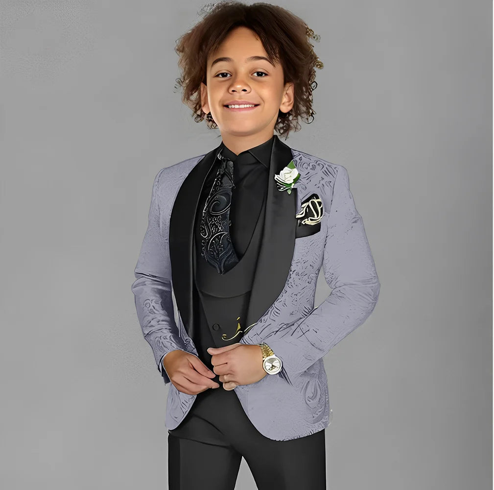 Jacquard boys' 3-piece suit set including tuxedo jacket, pants, and vest for kids' formal events, from Showlu Fashion Store.