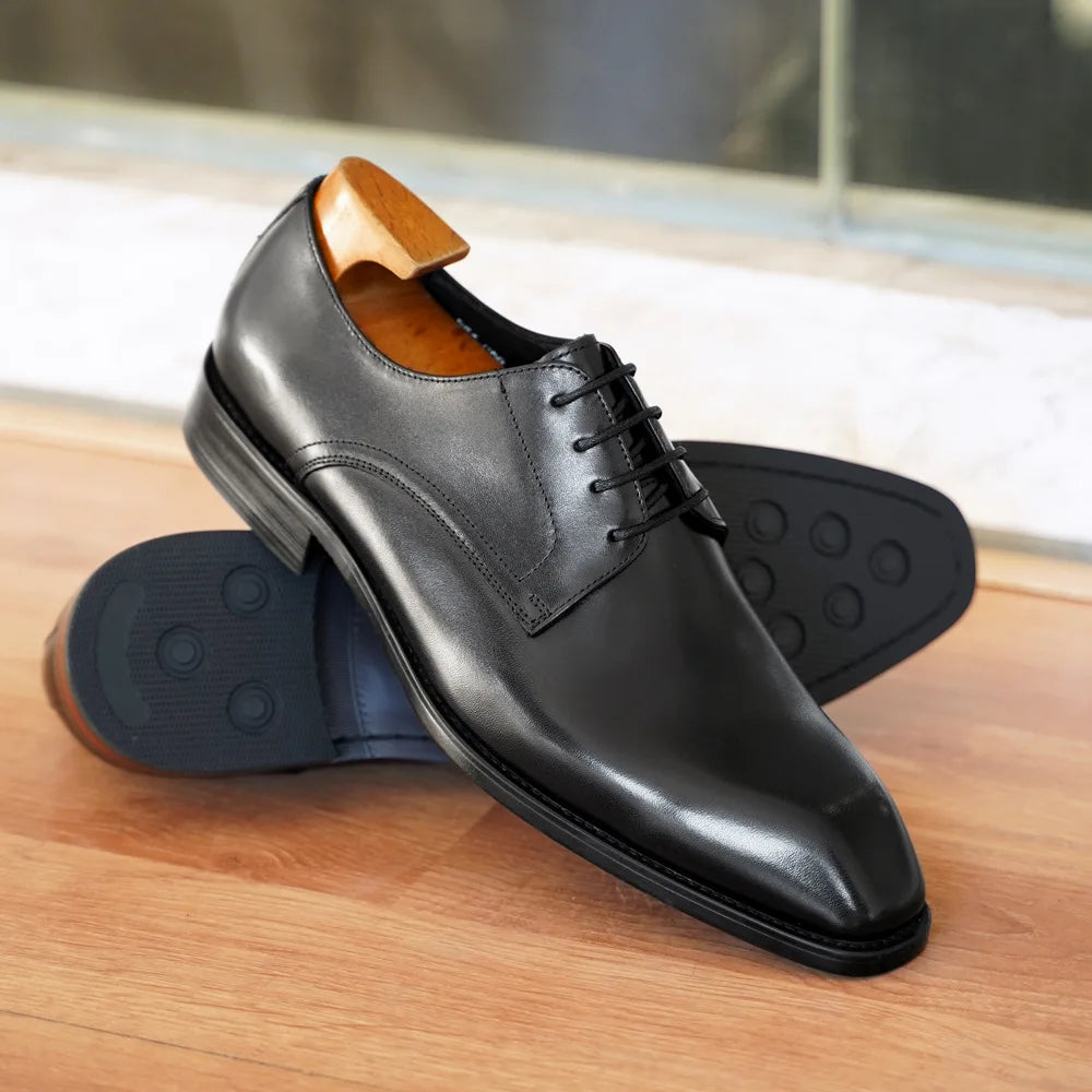 Men's business casual derby shoes with distressed wood grain leather, square toe, and comfortable formal footwear for office wear.