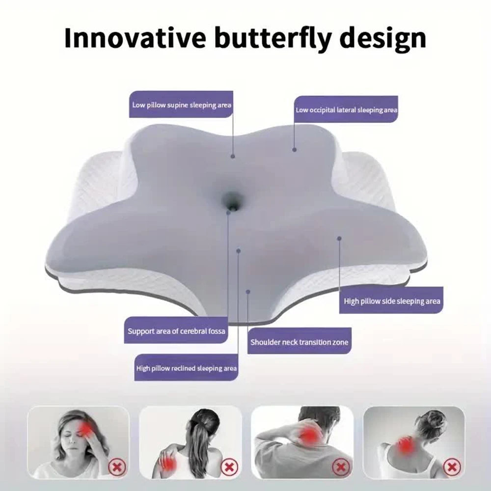 Showlu Memory Foam Butterfly Cervical Pillow designed for neck pain relief, featuring ergonomic butterfly shape for comfort and support.