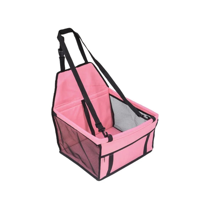 Foldable dog and cat car seat cover with pet harness, hammock style for travel safety, featuring a stable design, in black.