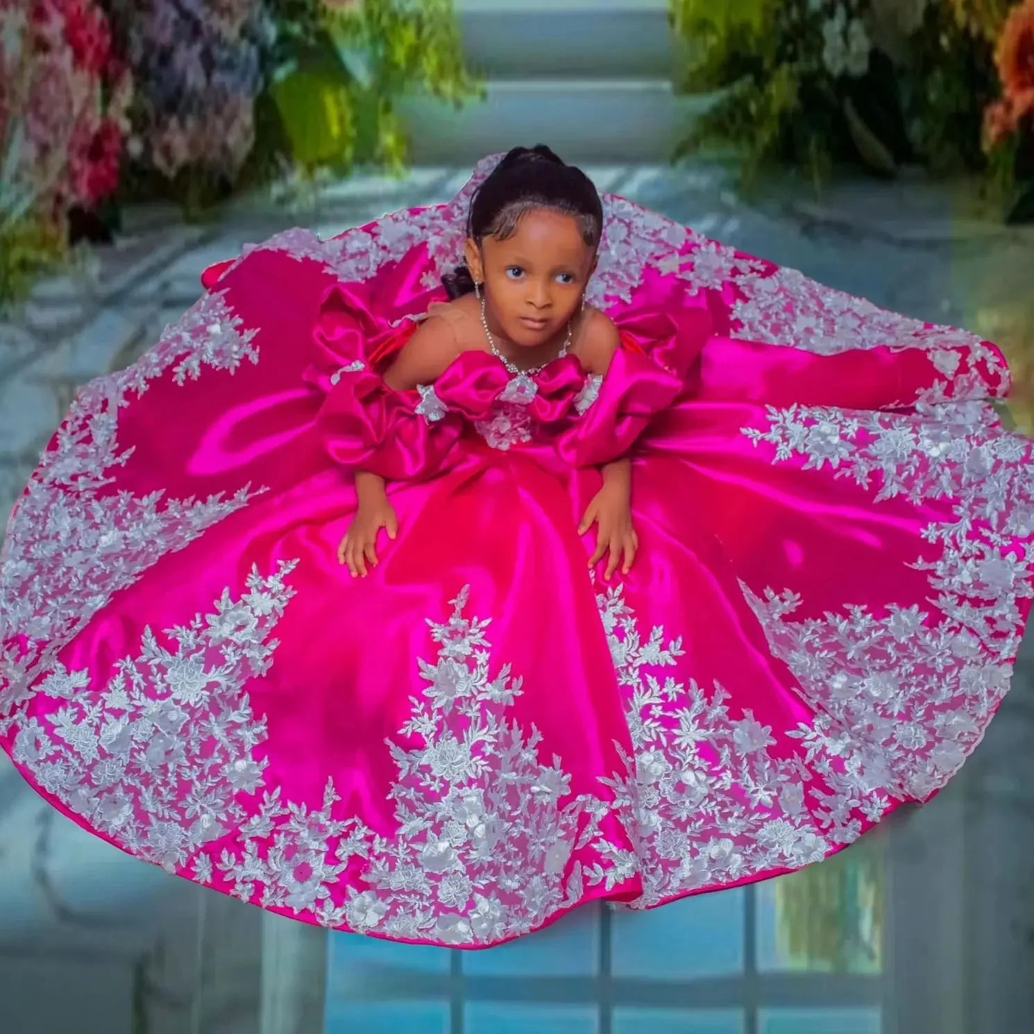 Hot Pink Custom Satin Flower Girl Dress for Wedding Lace Appliqued Floor Lenght Kids Birthday Party First Communion Ball Gown