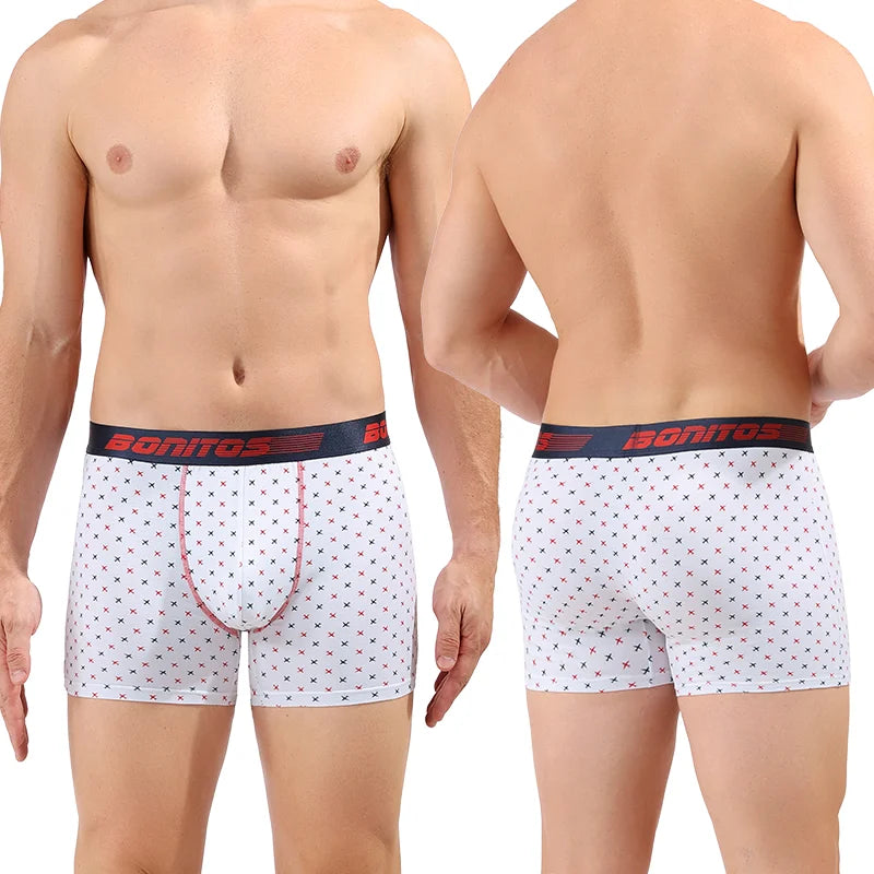 Men's cotton print boxer shorts by Showlu Fashion Store, featuring soft knit fabric and colorful patterned design.
