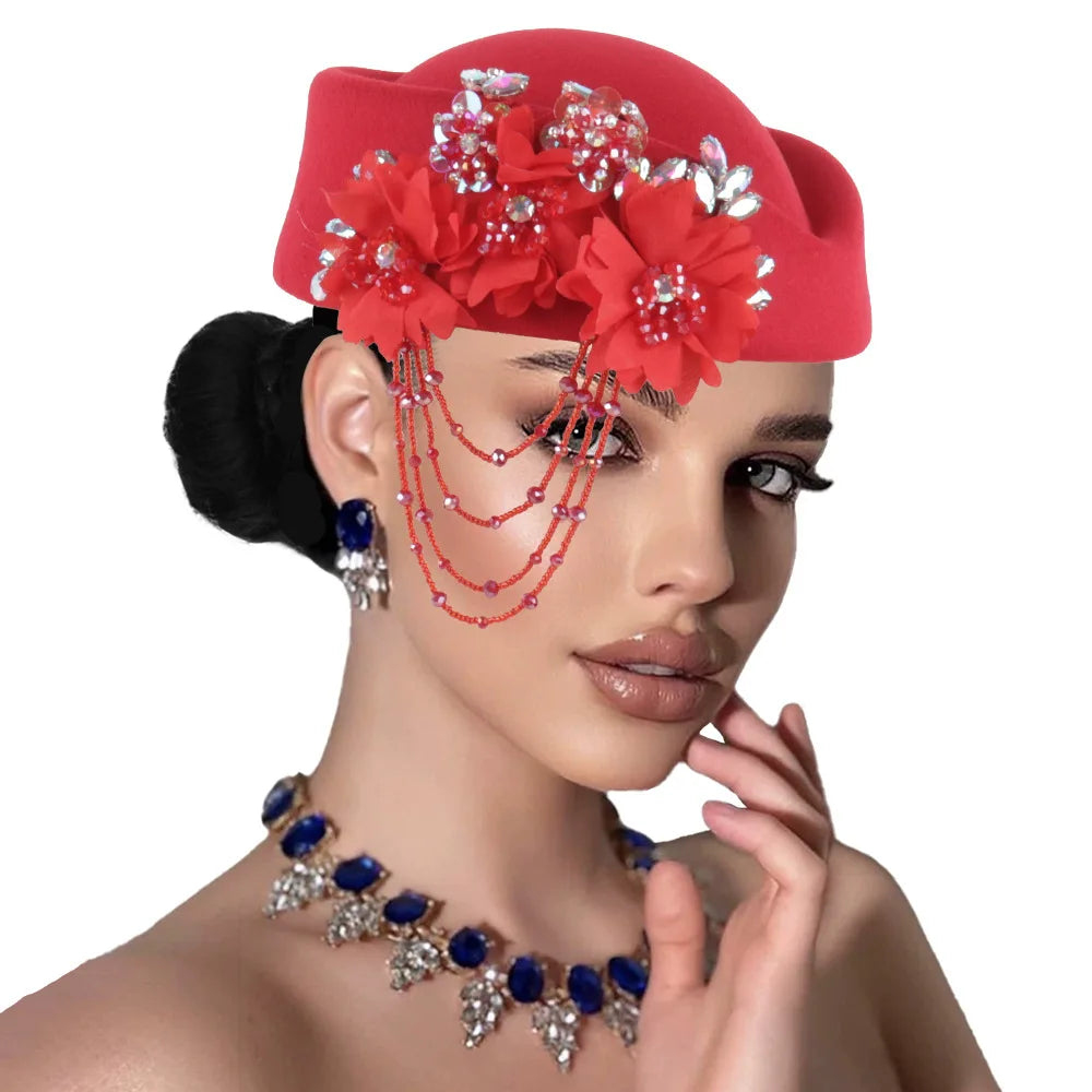 African headtie fashion summer turban hat for women with floral accents, casual head wrap for church, party, and autumn wear.